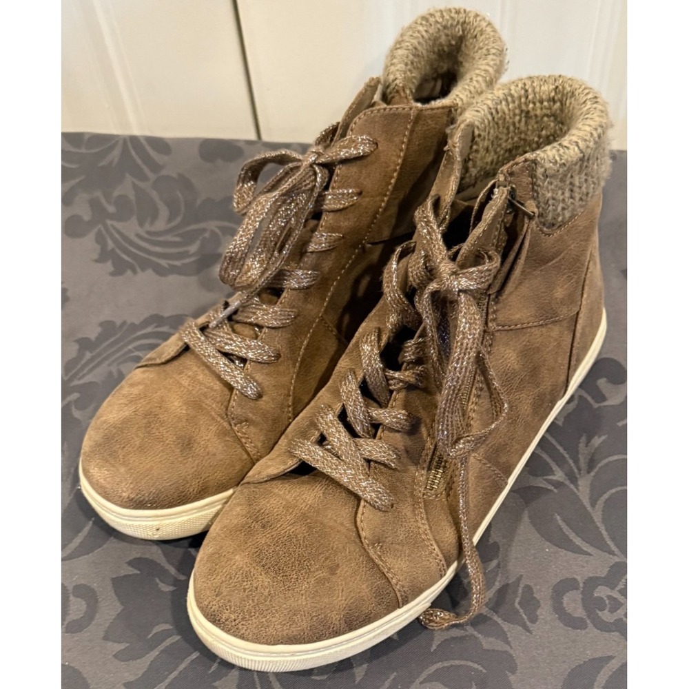 Mudd Women's Size 10 Brown High Top Sneakers Faux Suede Side Zip Knit Cuff Casua